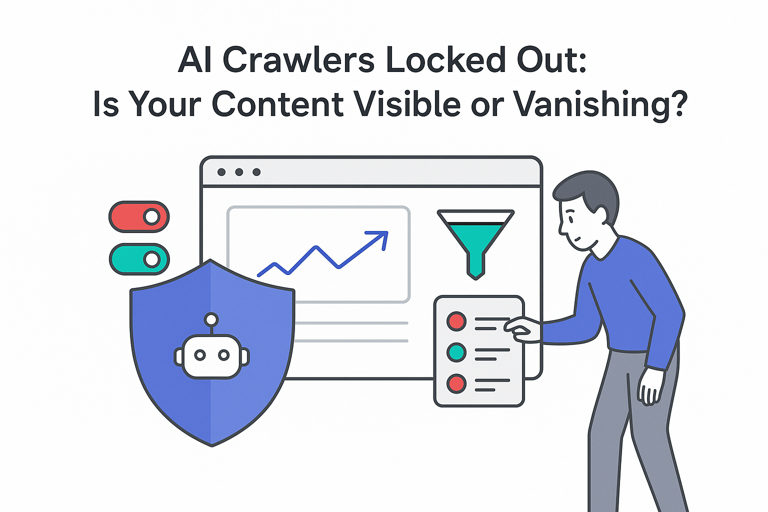 AI crawlers locked out browser with shield analytics dashboard visibility funnel person toggling switch