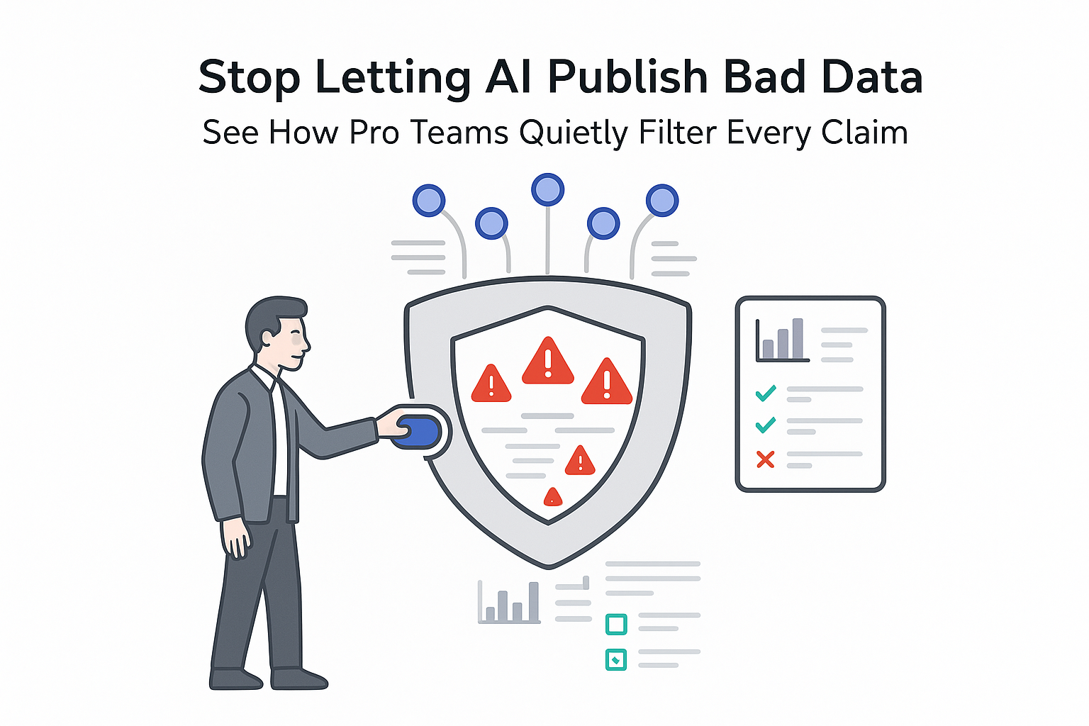 Minimalist tech illustration shield blocking AI misinformation funnel with fact checking toggle and dashboard