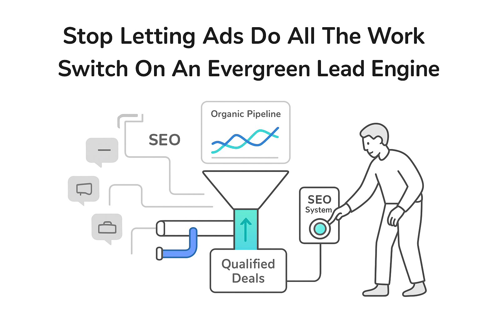 Minimalist SEO activated lead engine funnel producing Qualified Deals with analytics and marketer toggling switch