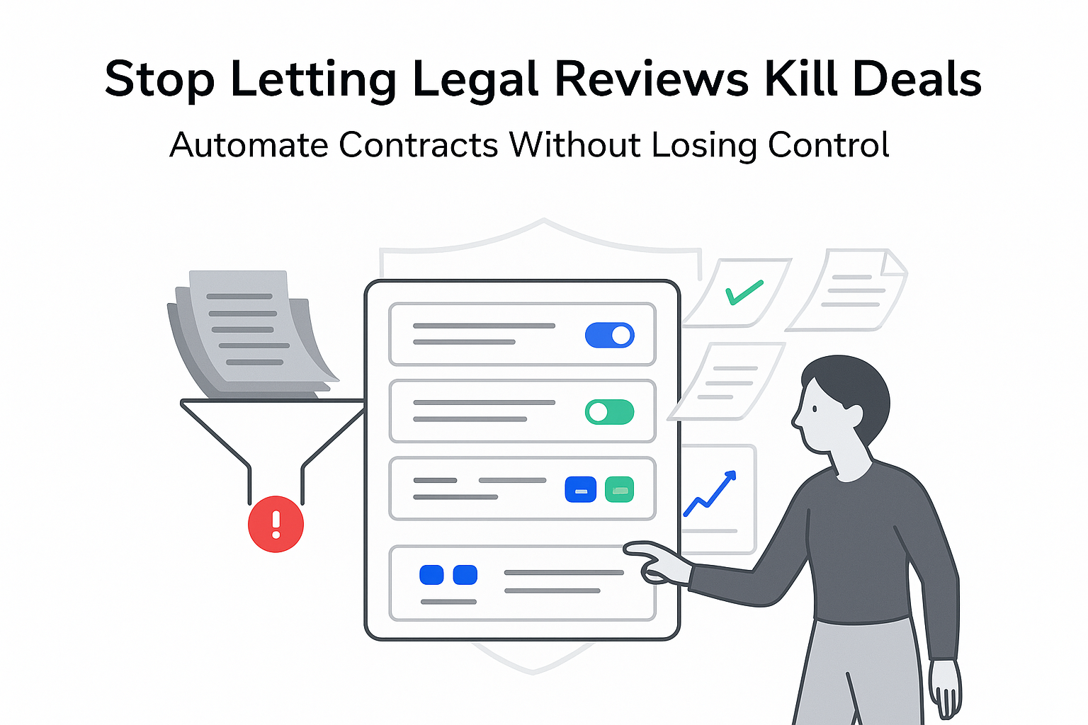Minimalist AI contracts funnel automating legal reviews with professional toggling controls and revenue chart