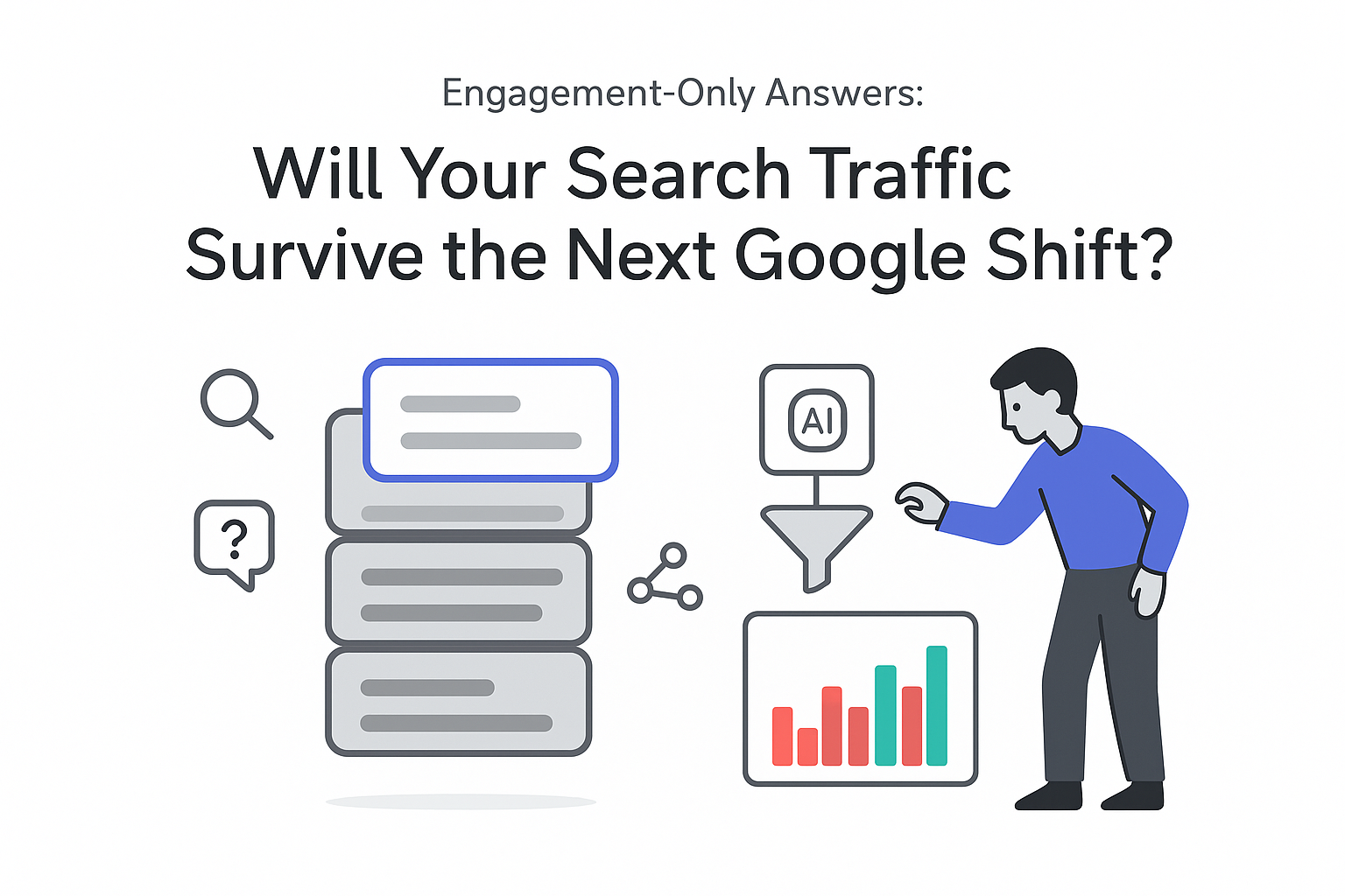 Minimalist tech illustration of search results stack with highlighted AI card and funnel traffic chart