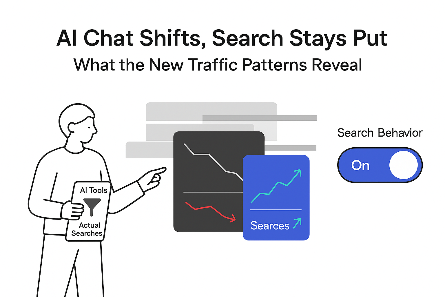 Minimalist tech illustration showing overlapping AI stat cards person pointing tablet toward static search toggle