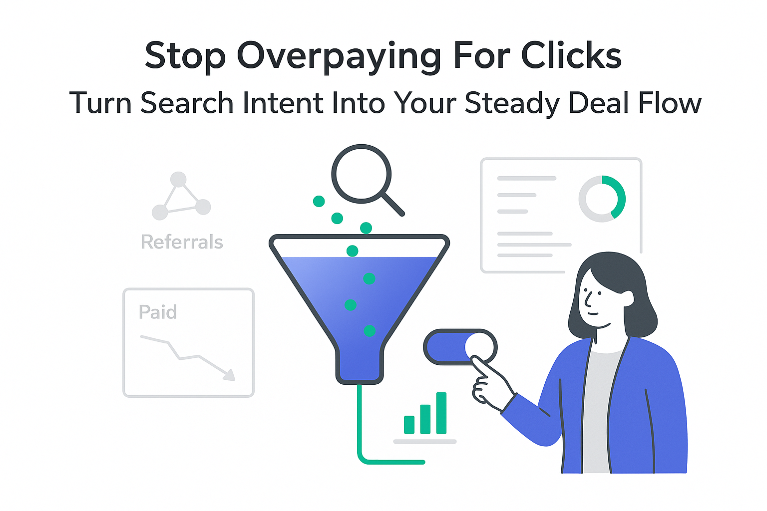 Minimalist SEO funnel illustration with search intent nodes analytics panels paid decline referrals revenue toggle