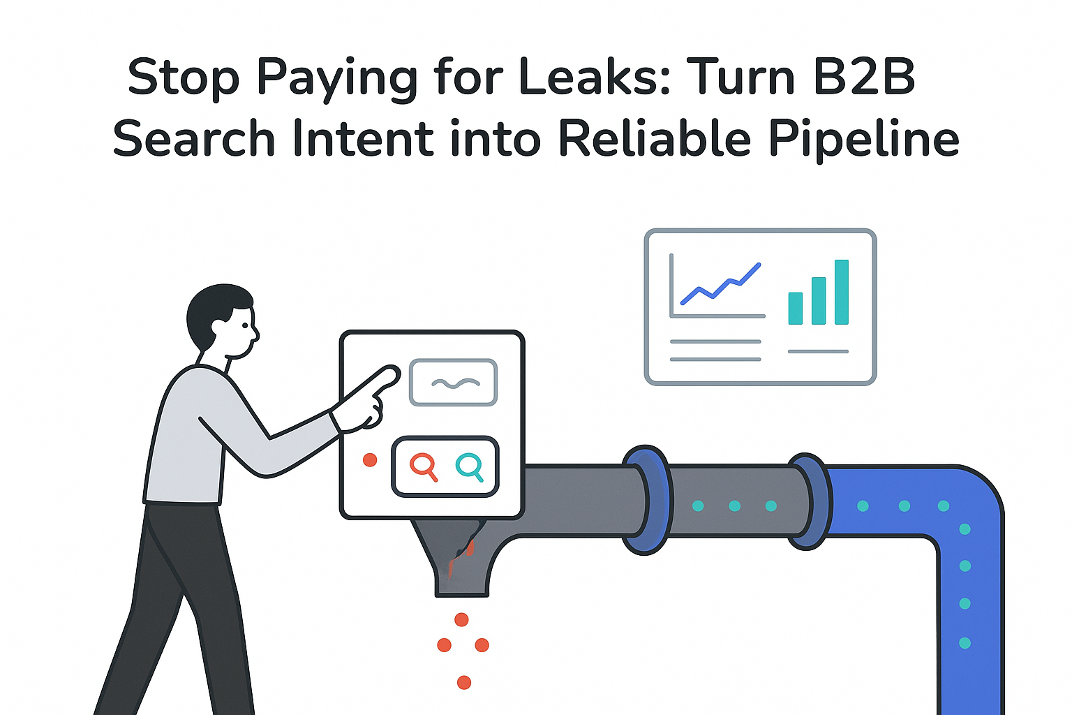 Minimalist B2B pipeline illustration leaking funnel to stable node pipeline with analytics and search intent