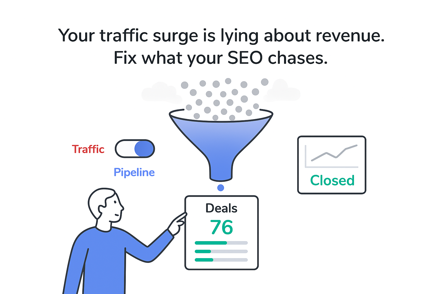 Minimalist tech illustration of SEO traffic funnel to deals dashboard with pipeline toggle and marketer