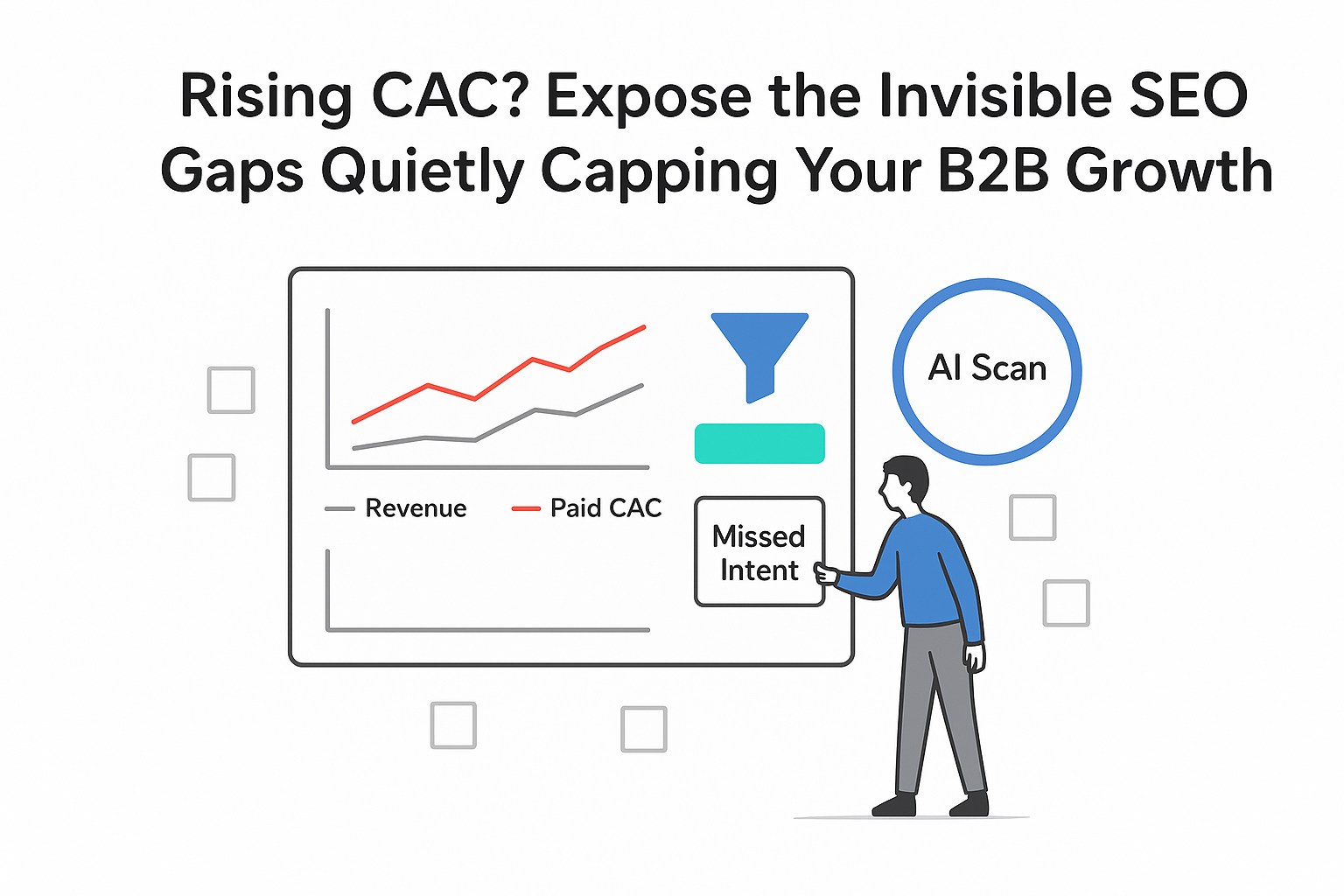 Minimalist analytics dashboard with AI scan highlighting Missed Intent SEO gaps raising CAC human pointing