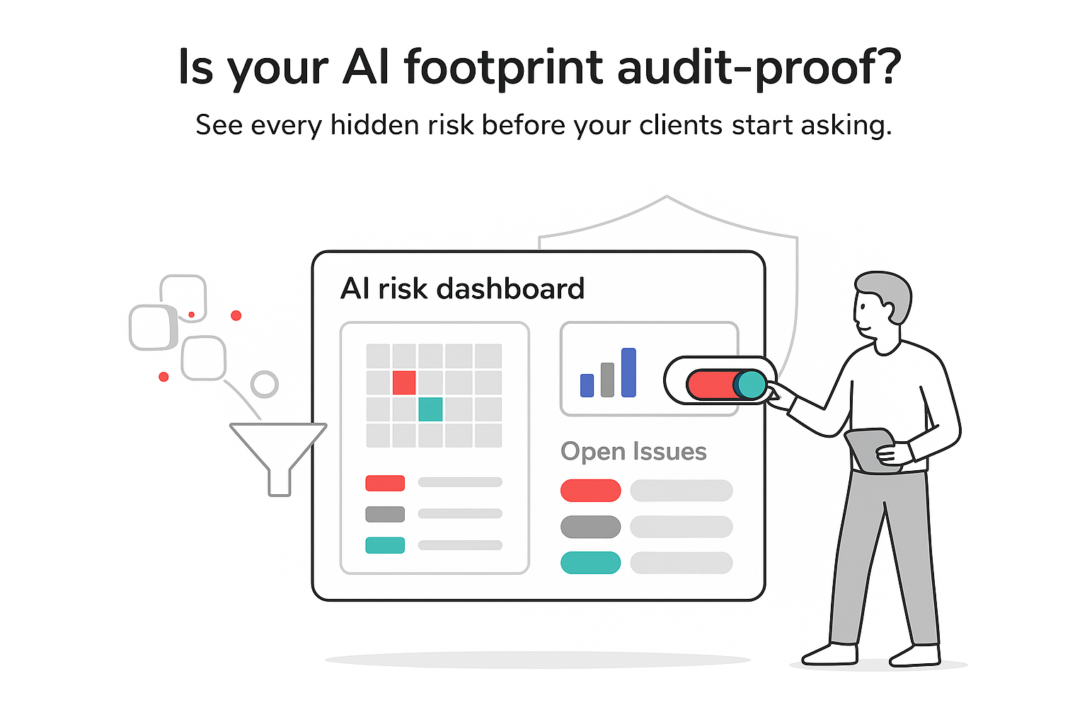 Minimalist AI risk dashboard with shield heatmap bar chart status pills person toggling switch
