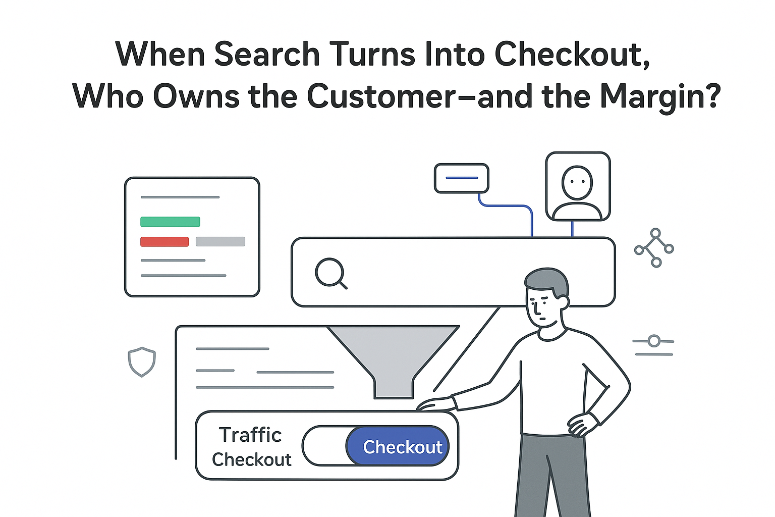 Minimalist tech illustration of search bar morphing into checkout with AI assistant analytics and toggle