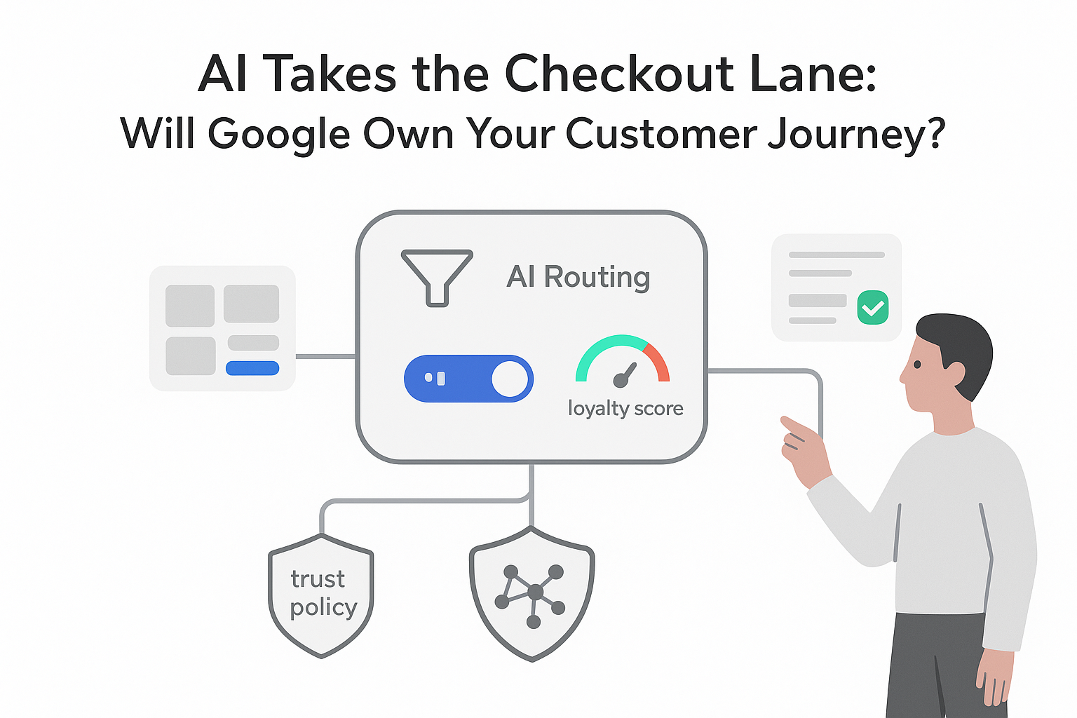 Minimalist illustration of universal commerce hub with AI checkout toggle and person tapping