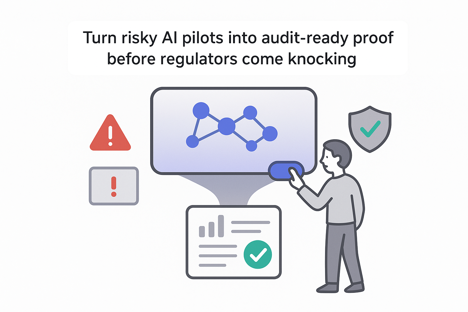 Minimalist AI sandbox funneling nodes into audit ready regulatory report with compliance shield and professional