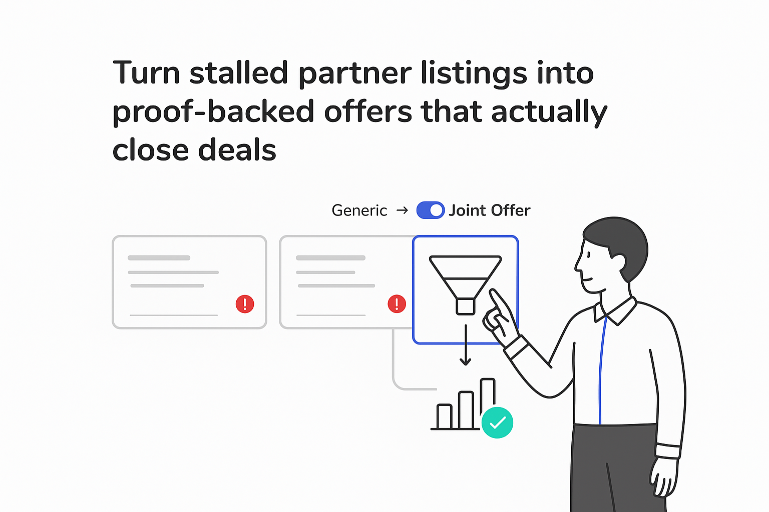 Minimalist Joint Offer Builder illustration showing partner listings feeding funnel to closed deals with metrics
