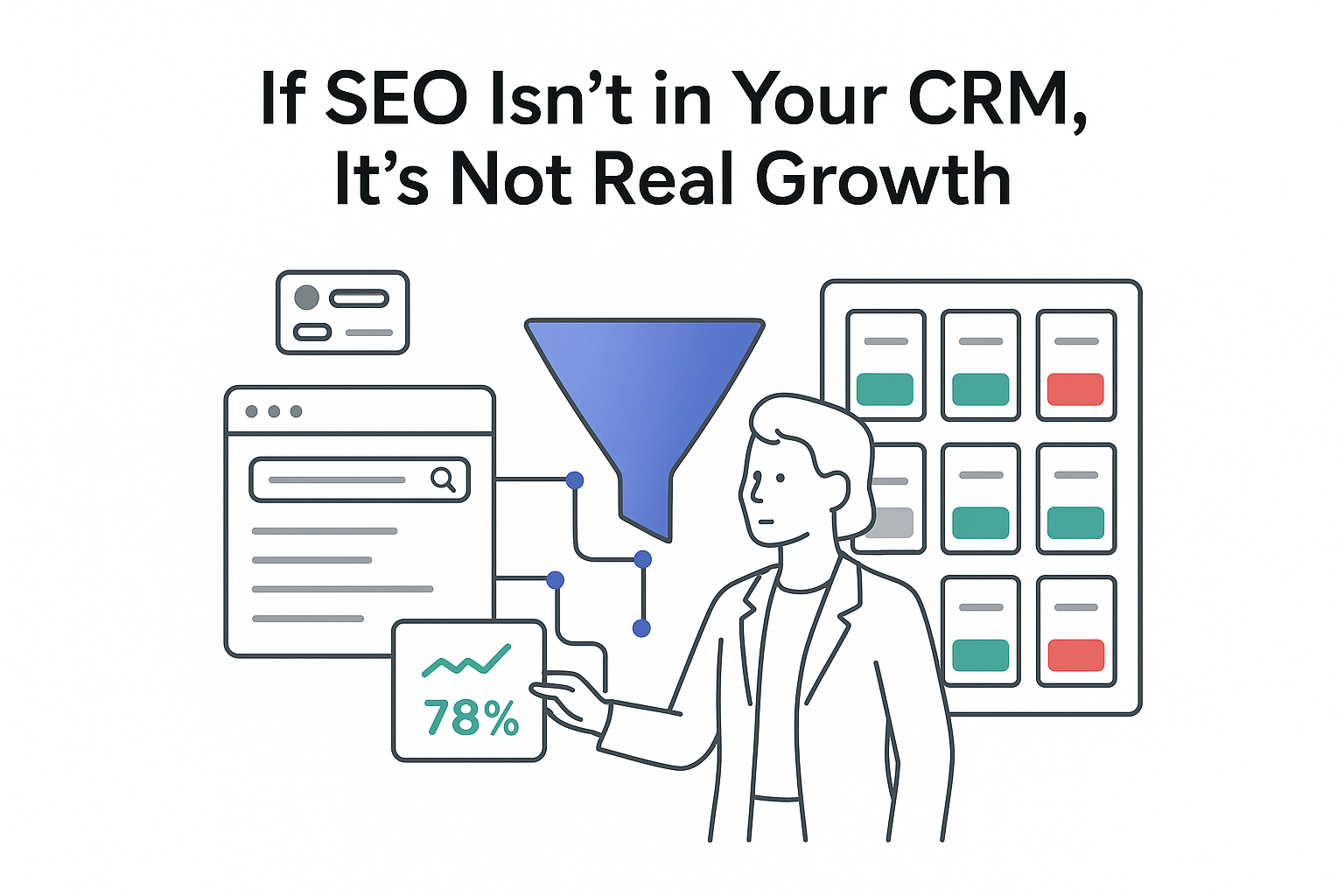 Minimalist tech illustration of SEO to CRM funnel from browser search to CRM pipeline