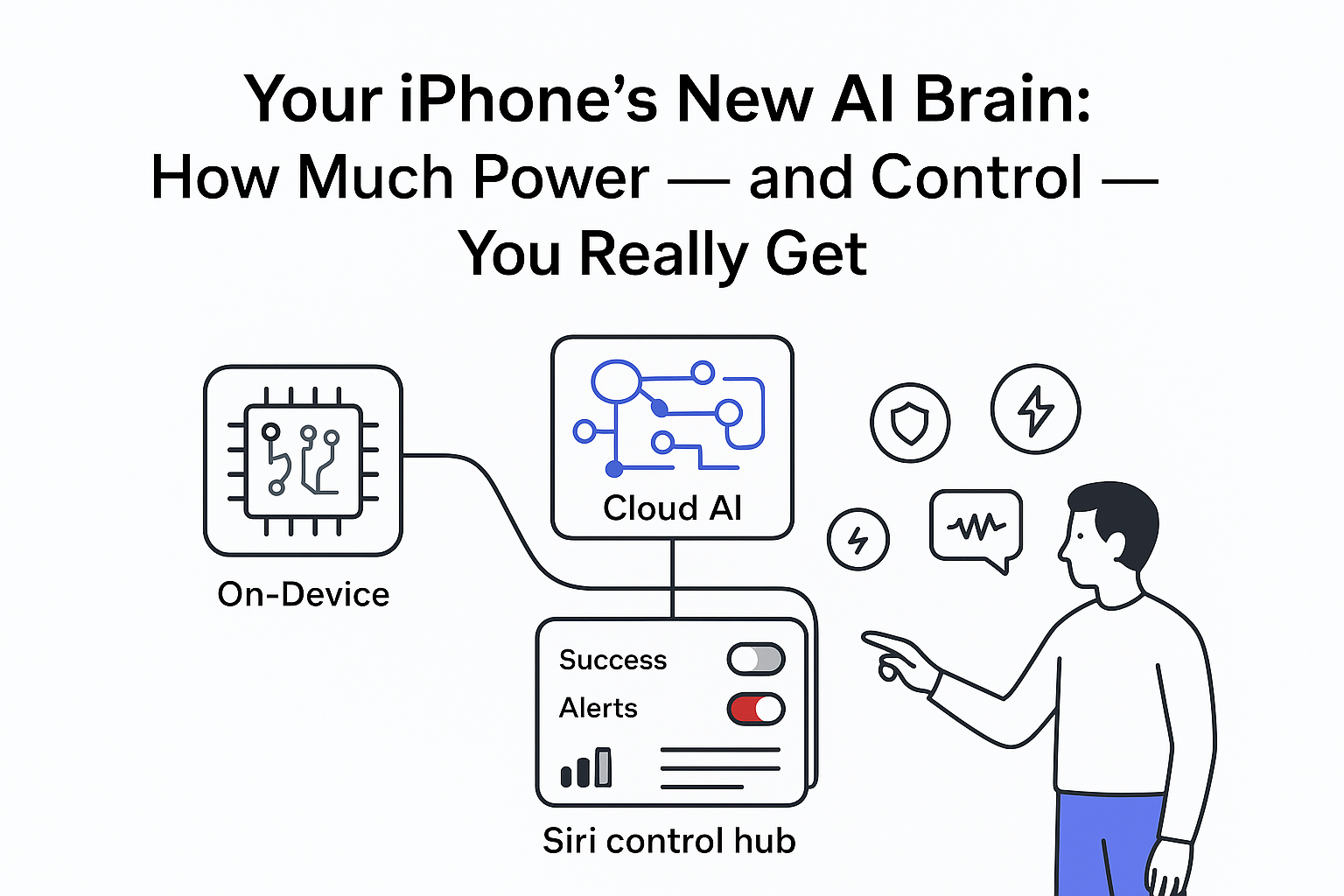 Minimalist iPhone illustration of Siri control hub connecting on device and cloud AI with user