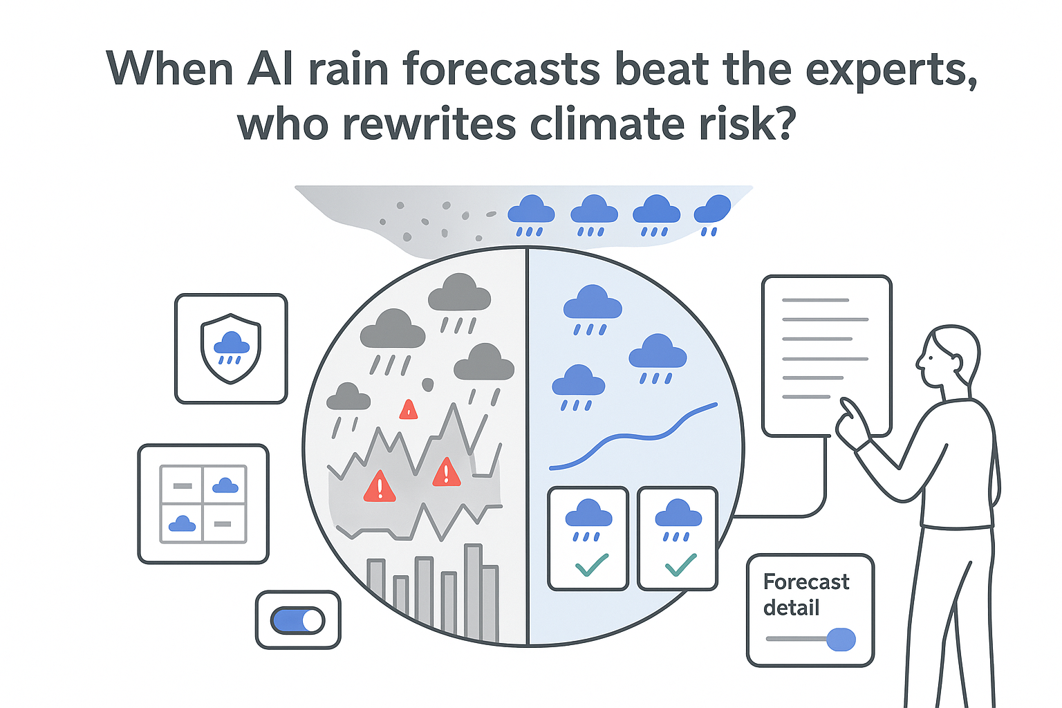 AI rain forecast dashboard showing chaotic versus refined predictions with human reviewer and climate risk