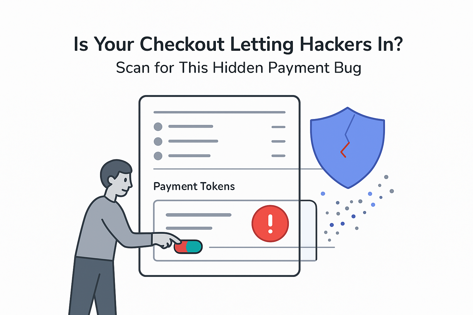 Ecommerce checkout security illustration showing payment tokens warning badge and hidden payment bug
