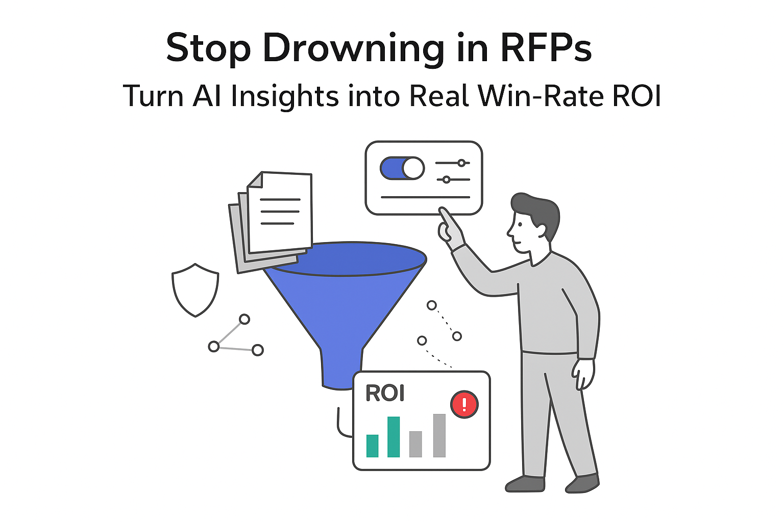 Minimalist vector showing RFP documents feeding AI funnel to ROI dashboard with human toggling controls