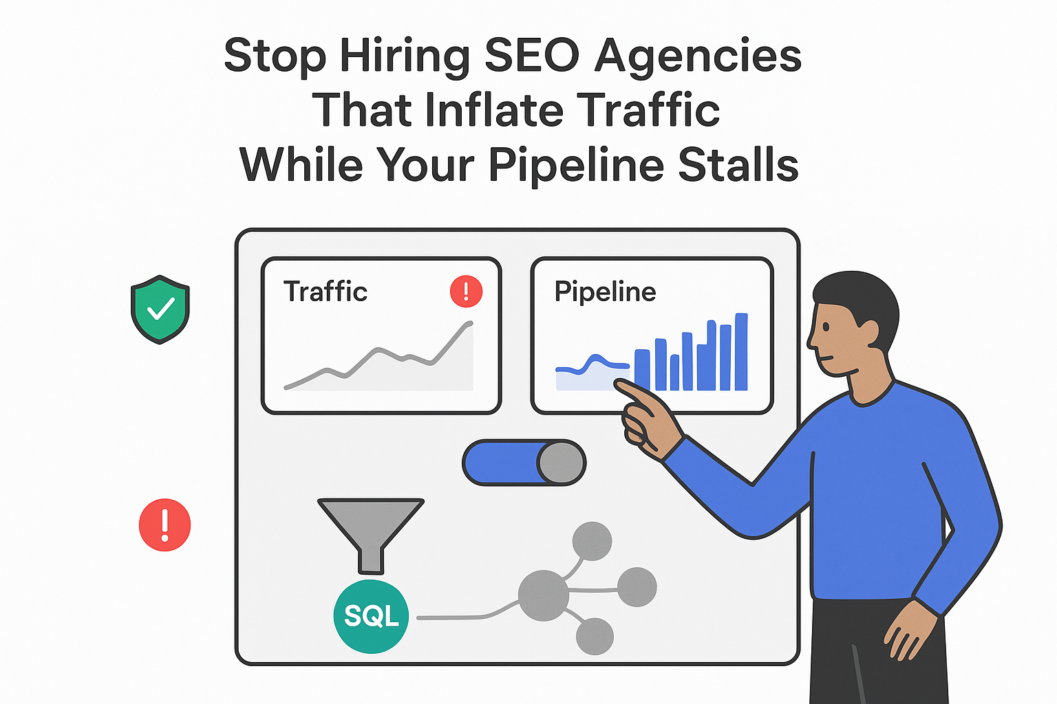 Minimalist analytics dashboard showing Traffic versus Pipeline toggle funnel to SQL highlighting agency revenue impact
