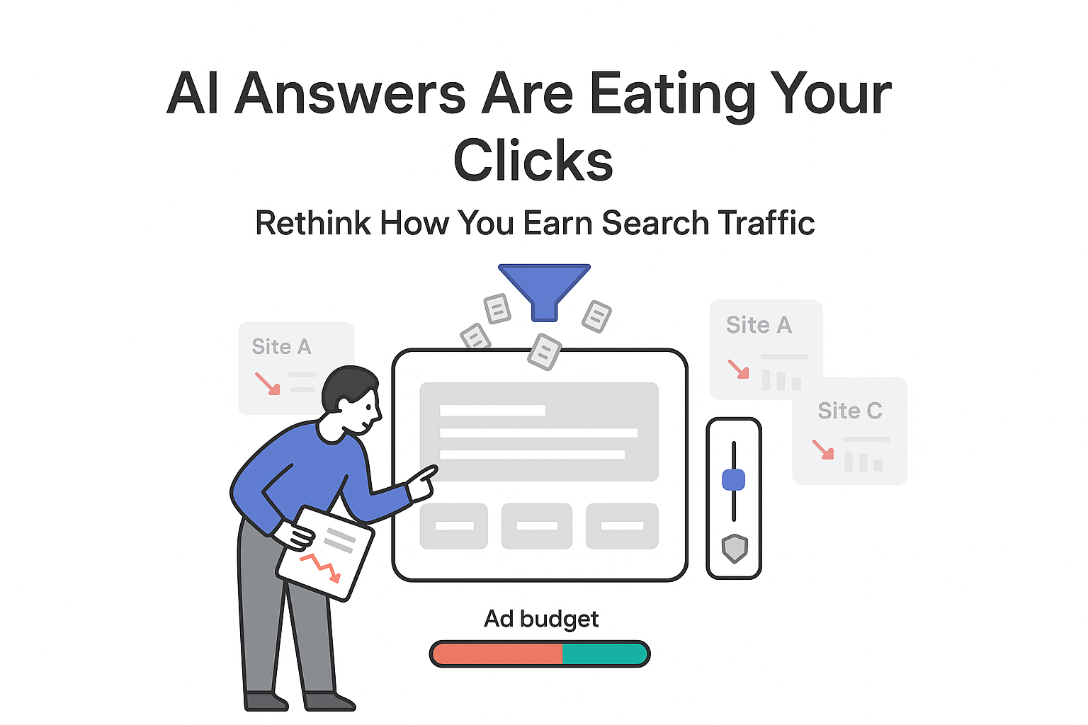 Minimalist illustration of AI answer card funneling sources stealing search clicks with ad budget gauge