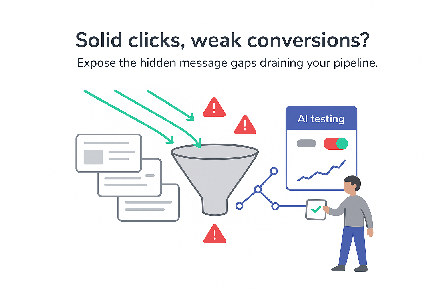 Minimalist tech illustration of conversion funnel with incoming traffic misaligned messages AI optimization