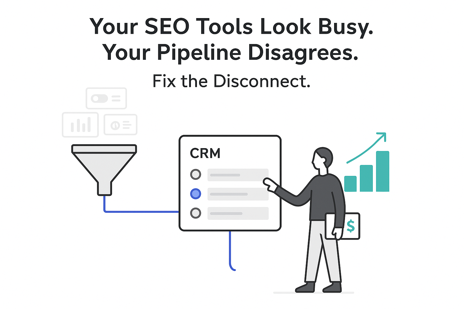 Minimalist SEO to revenue funnel feeding CRM pipeline into upward revenue chart with person toggling