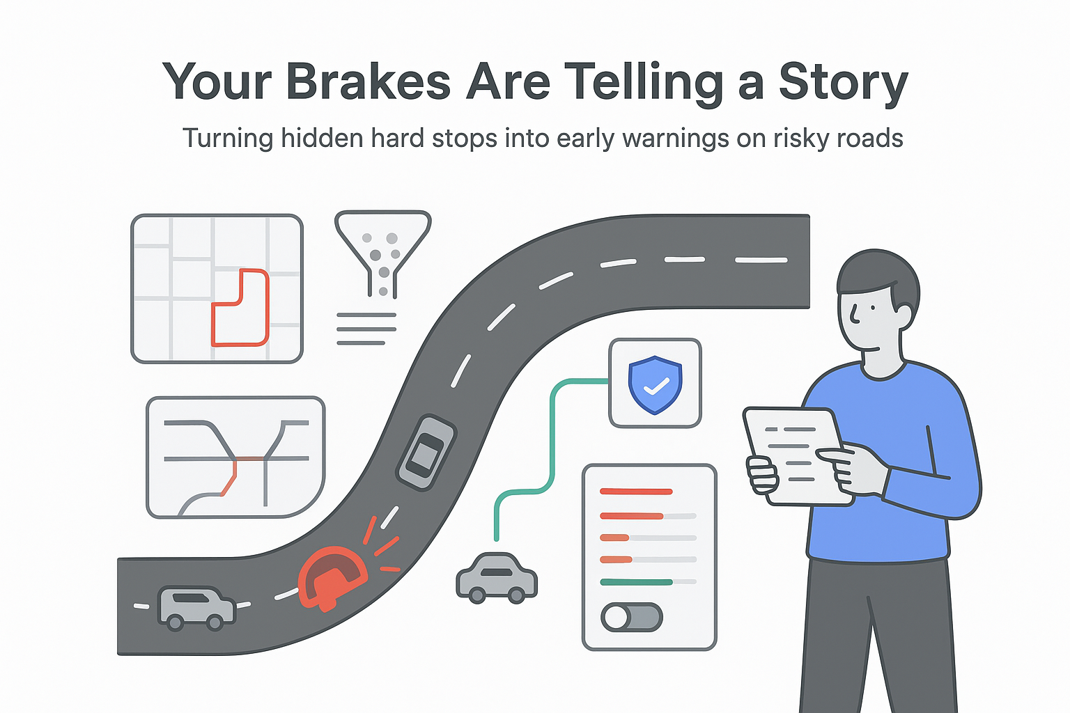 Minimalist tech illustration of road with cars showing hard braking and risk analytics dashboard