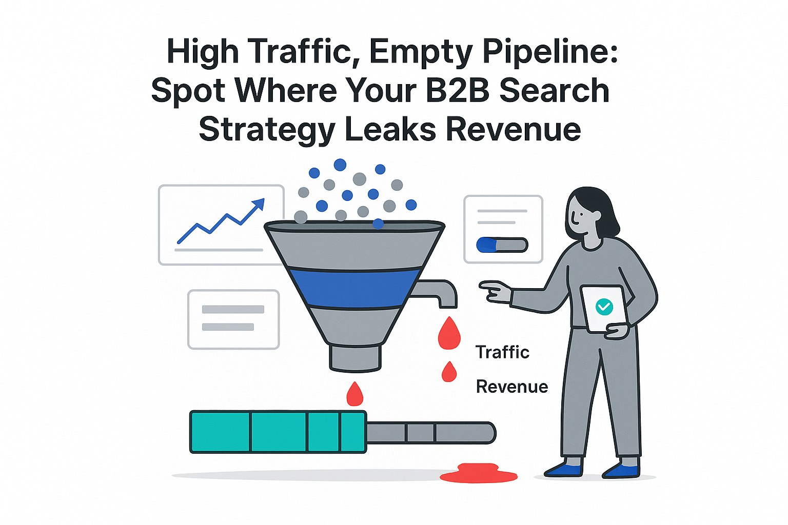 B2B funnel leak illustration high traffic dots leaking revenue into lost pipeline with few deals