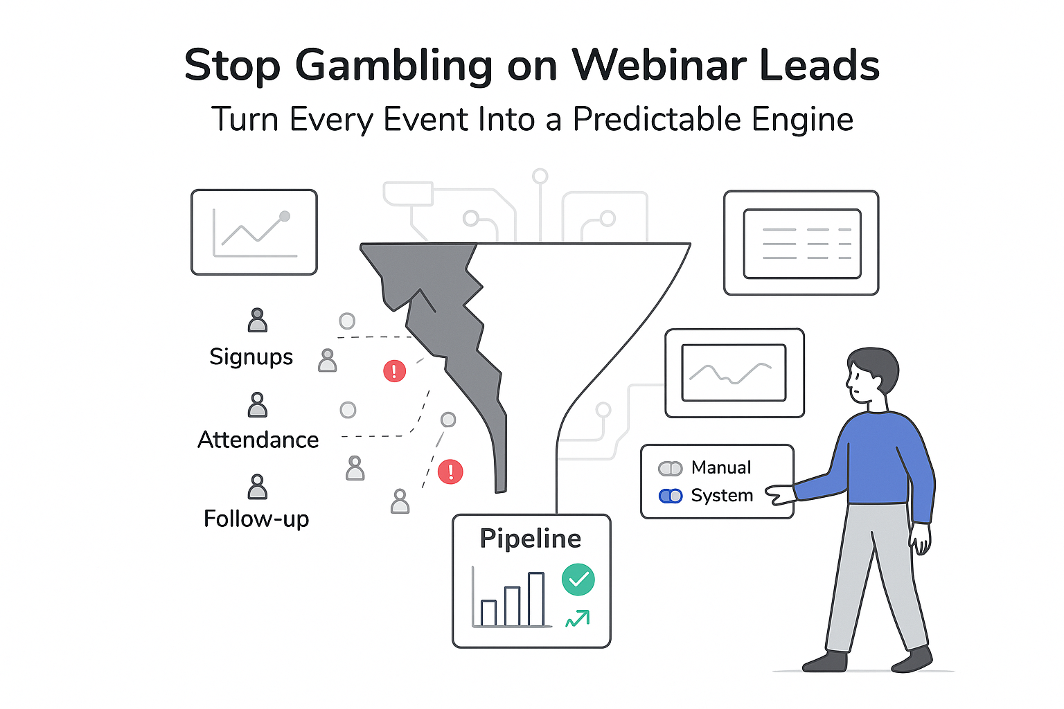Minimalist illustration of split webinar funnel fragile versus system turning webinar leads into predictable pipeline
