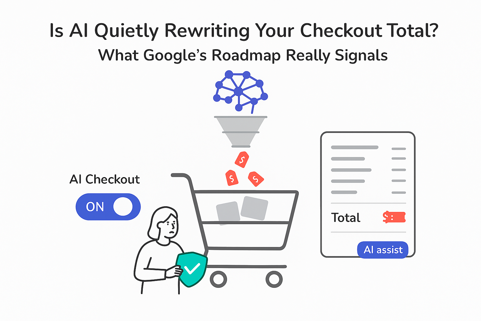 AI brain feeding pricing funnel into shopping cart receipt showing highlighted total AI checkout toggle