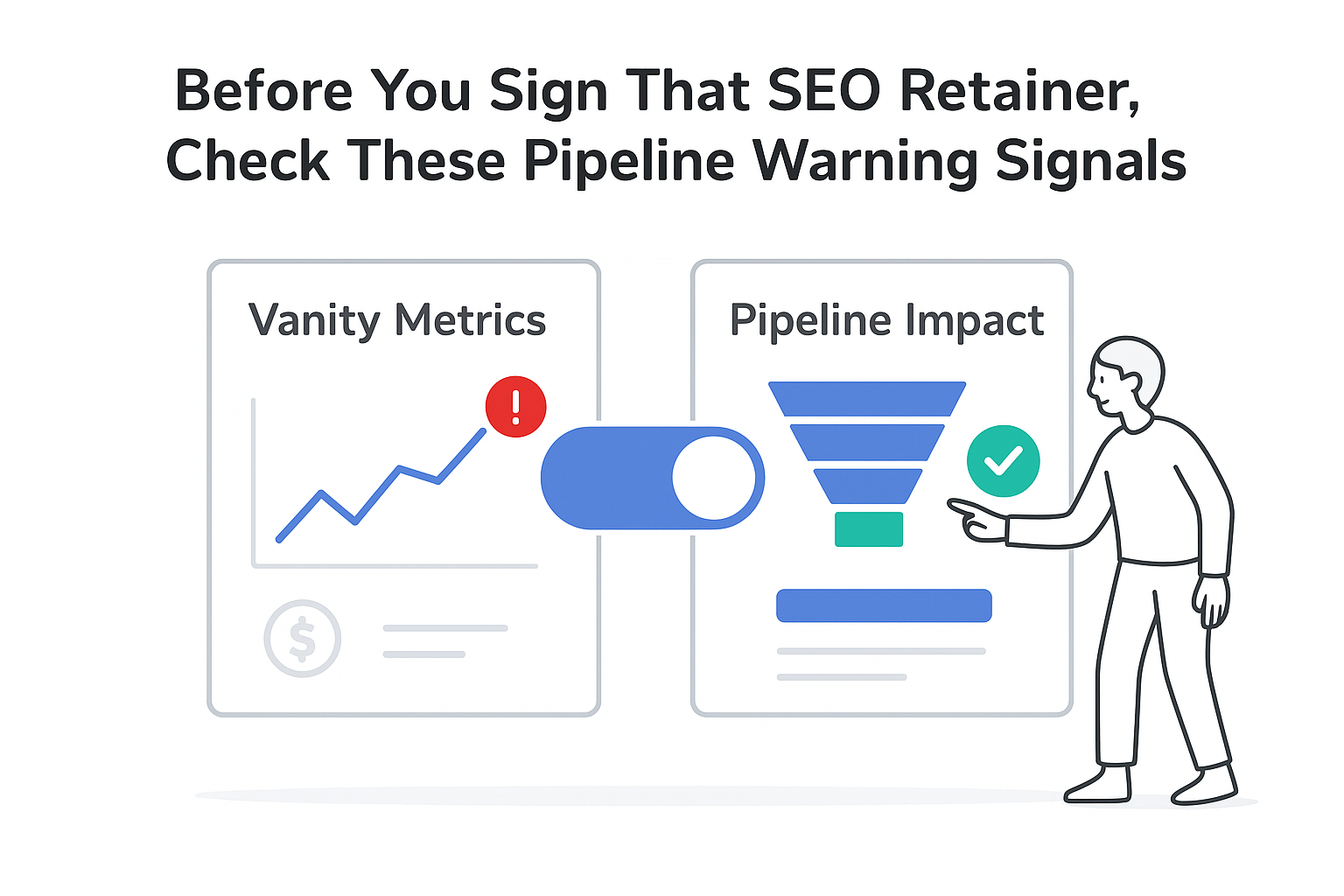 Minimalist B2B analytics dashboard showing vanity metrics alert pipeline impact toggle and marketer tapping it