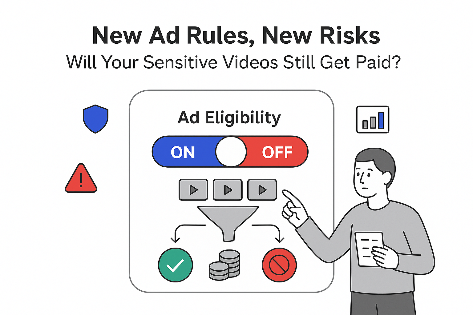 Minimalist video rules control panel with ad eligibility toggle funnel approving or blocking sensitive videos