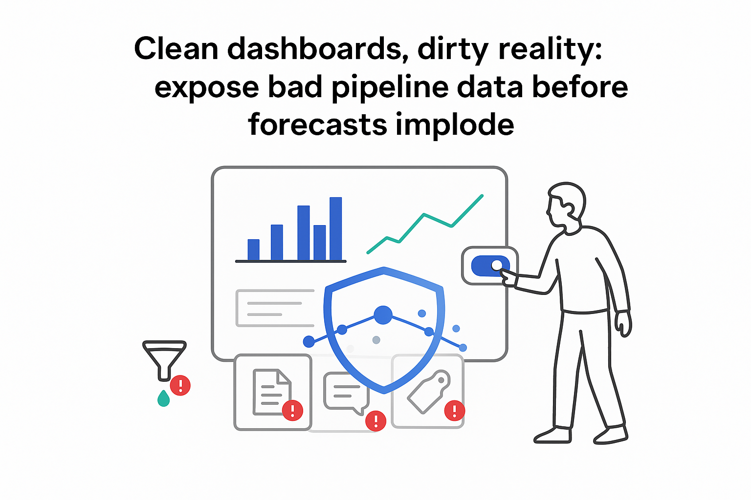 Minimalist tech dashboard AI validation shield noisy underlayer tiles warning badges funnel human tapping