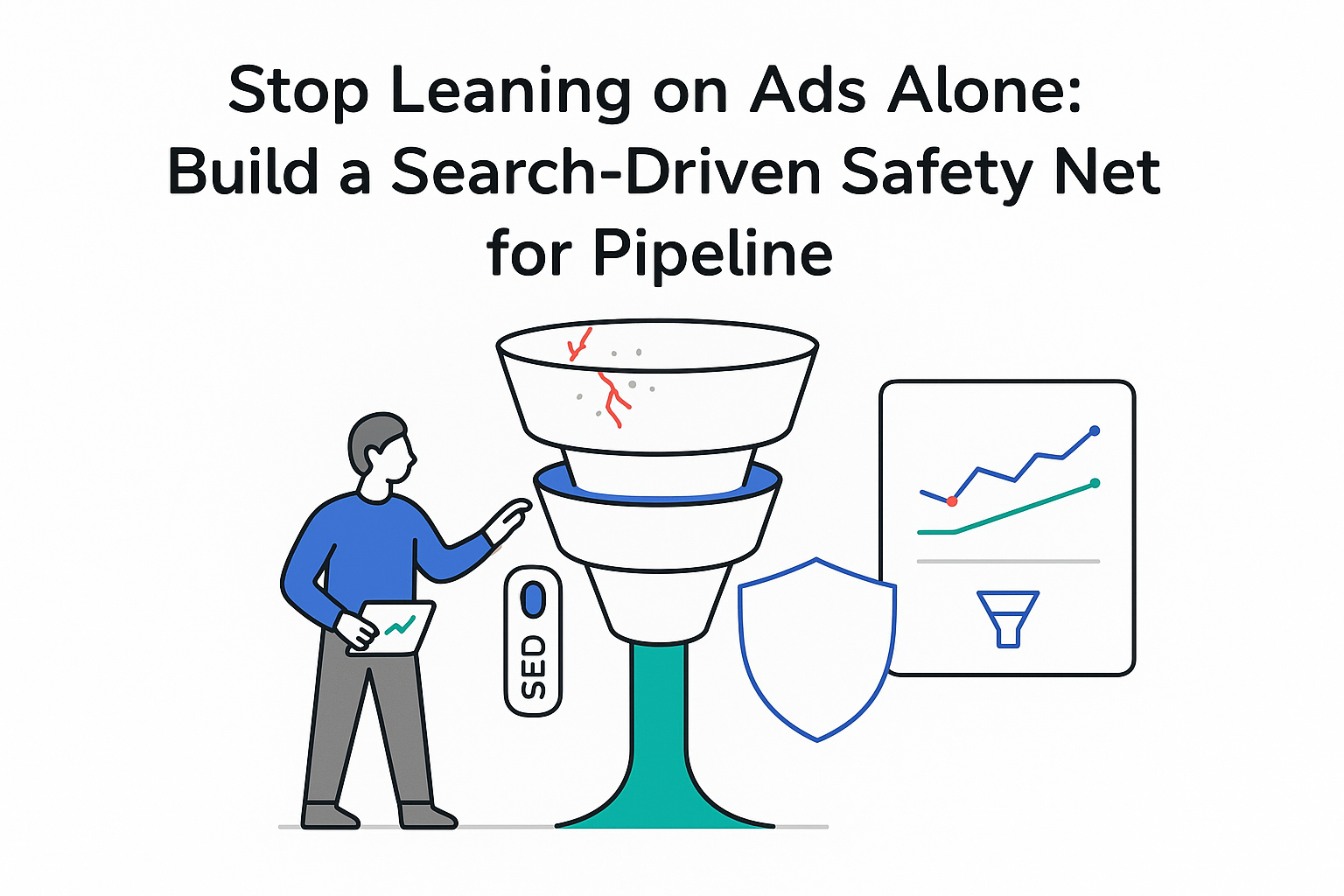 Minimalist B2B pipeline funnel with SEO toggle marketer analytics panel shield protecting search driven pipeline