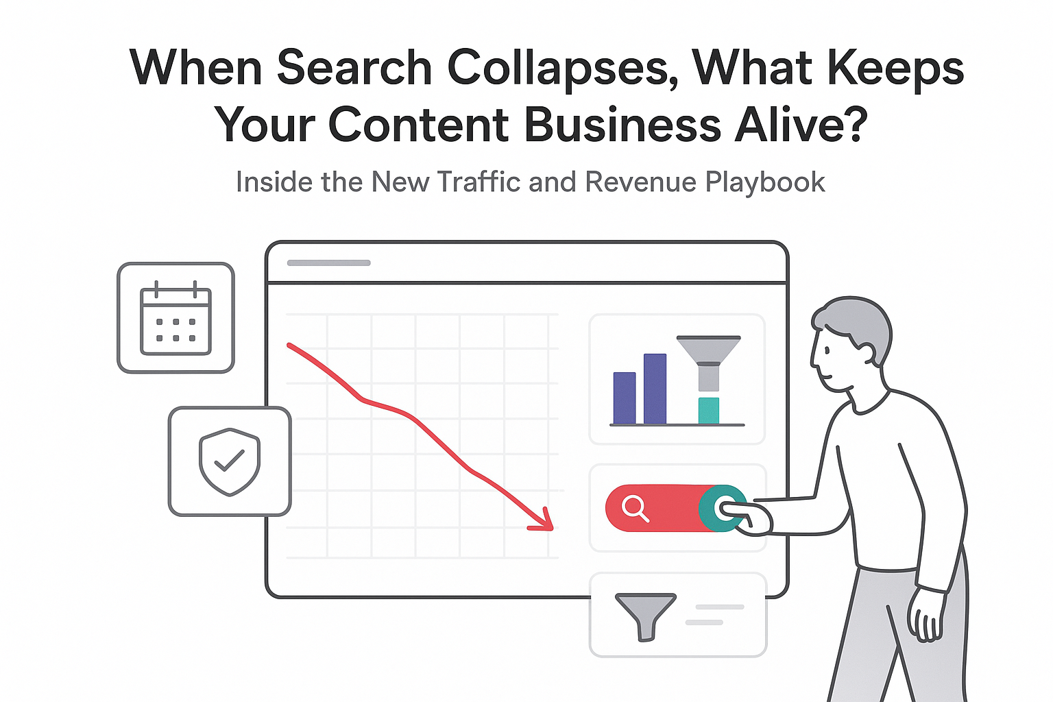 Minimalist analytics dashboard showing search traffic decline and diversified revenue channels with toggle