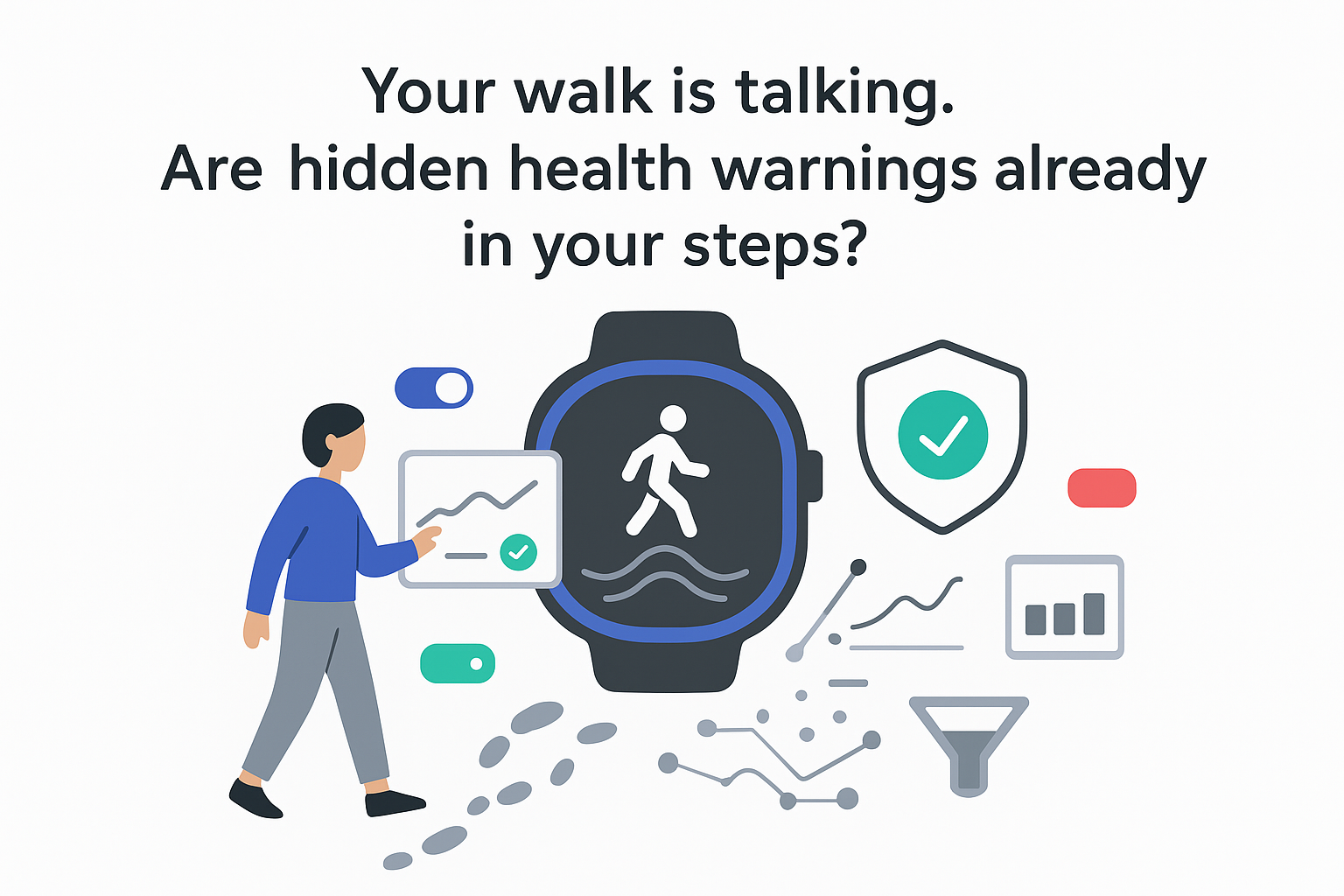 Minimalist smartwatch with walking footprints transforming into data charts and health shield person tapping