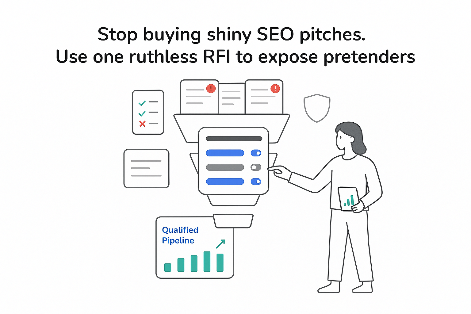 Minimalist tech illustration of funnel with SEO RFI controls proposal cards qualified pipeline and marketer