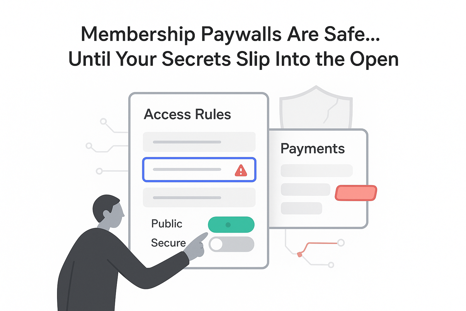 Minimalist tech illustration membership paywalls control panel exposed data leaking payment token cracked shield