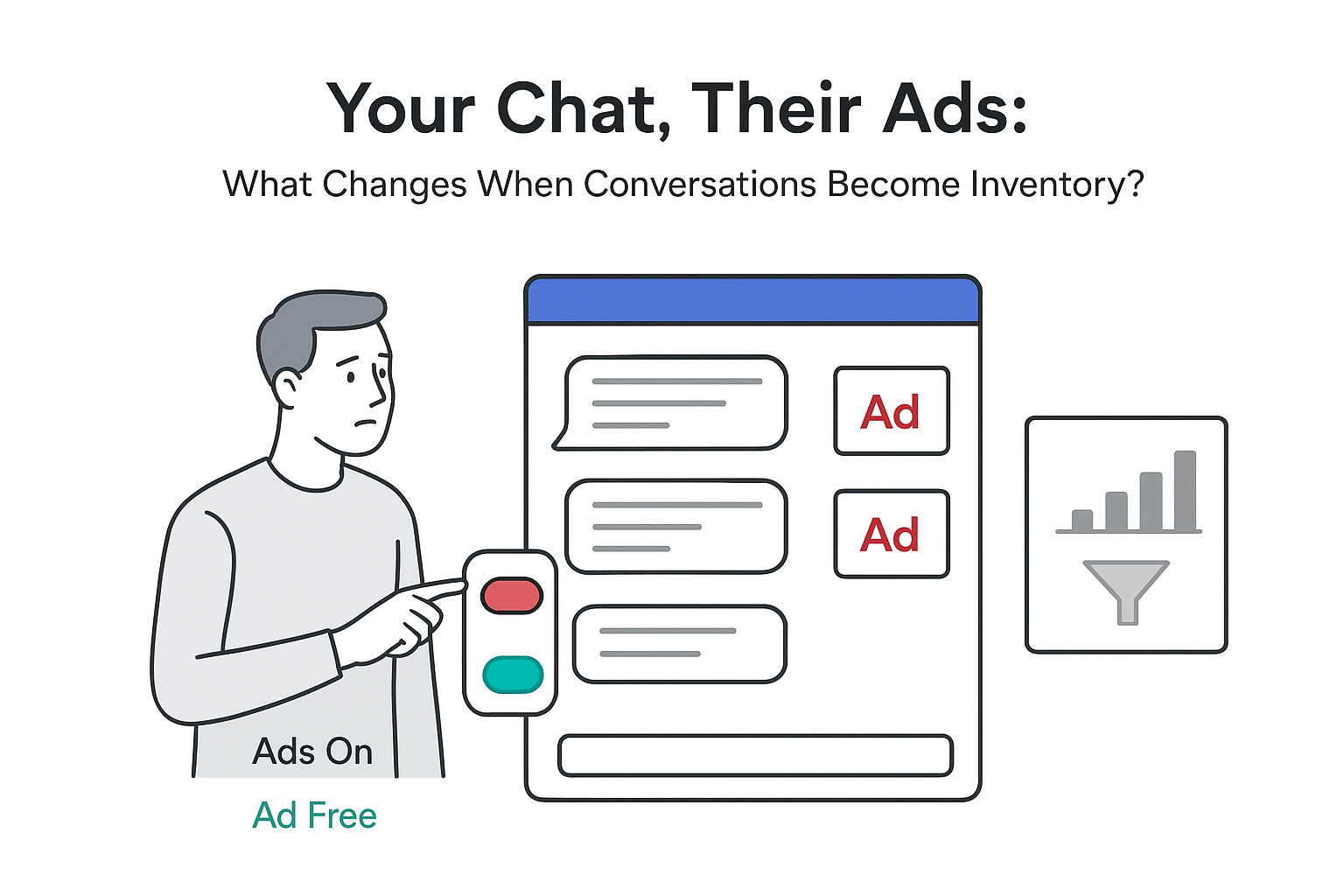Minimalist illustration white background chat panel with ads toggle analytics card person pointing