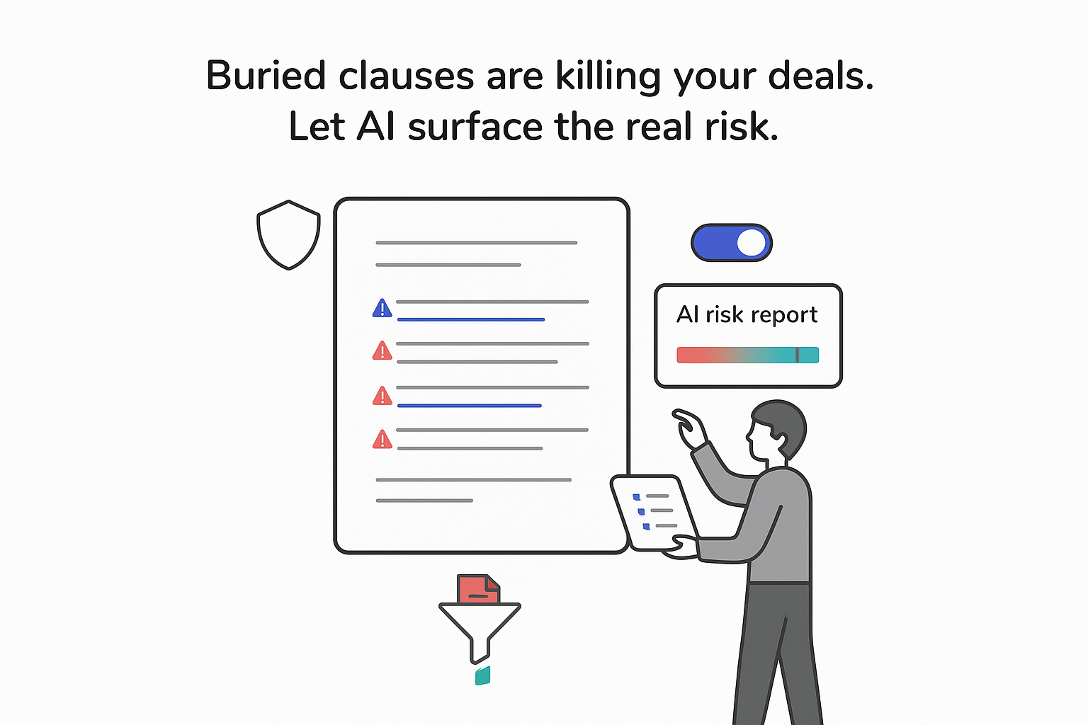 Minimalist vector showing contract with highlighted clauses and AI risk report with activated toggle