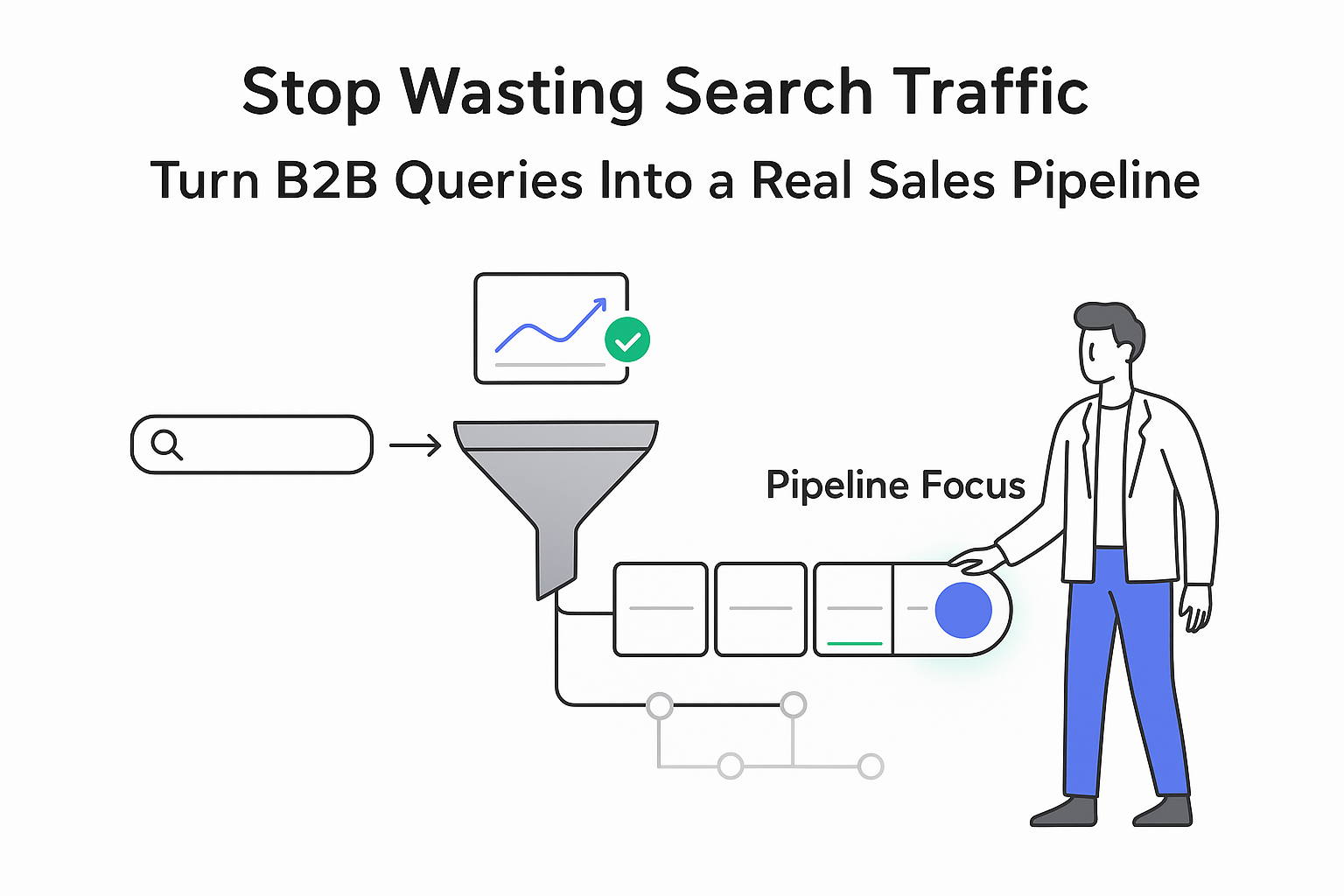 Minimalist illustration of SEO to sales pipeline funnel converting B2B search traffic to demos
