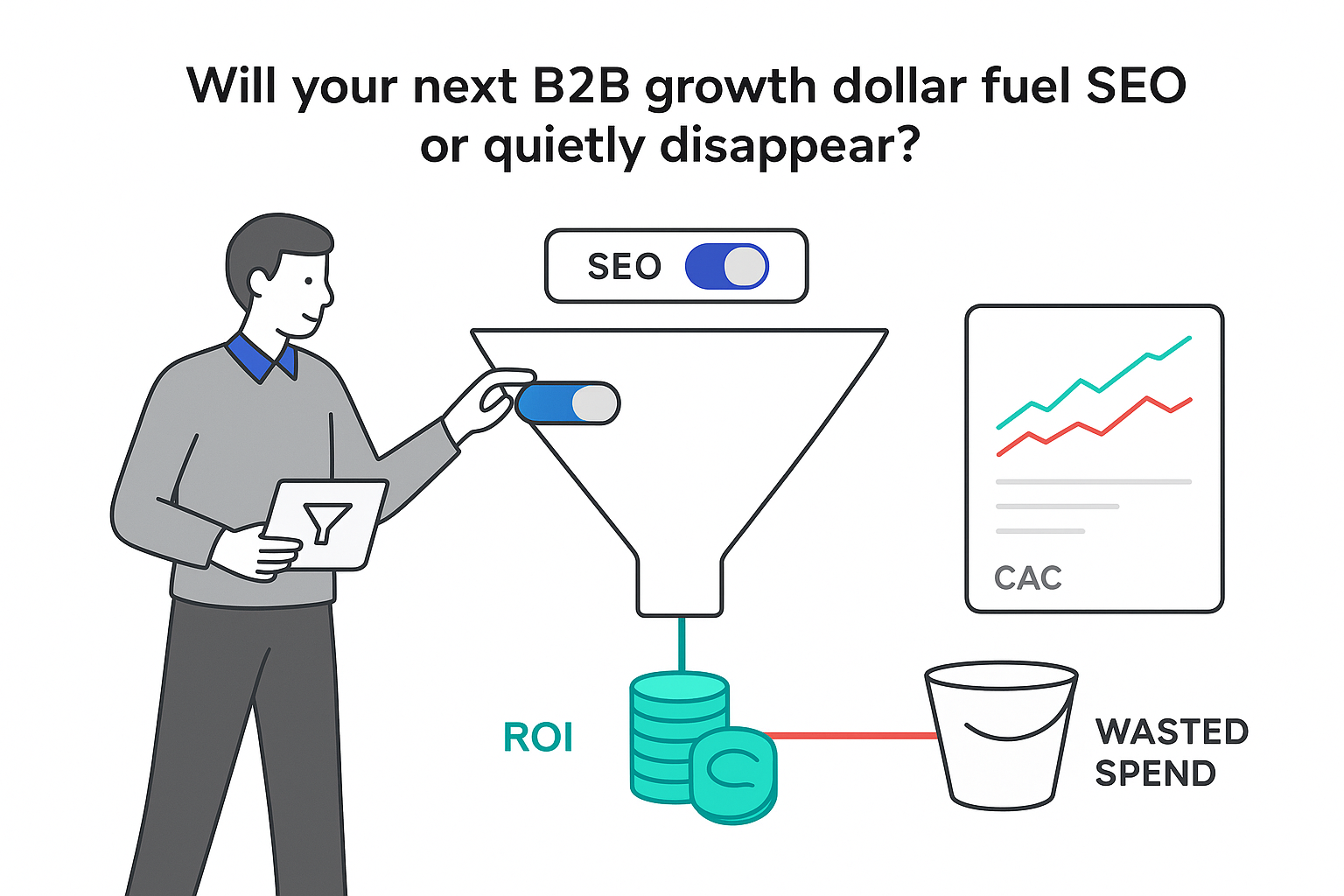 Minimalist B2B growth funnel showing SEO toggle splitting to ROI coins and wasted spend bucket