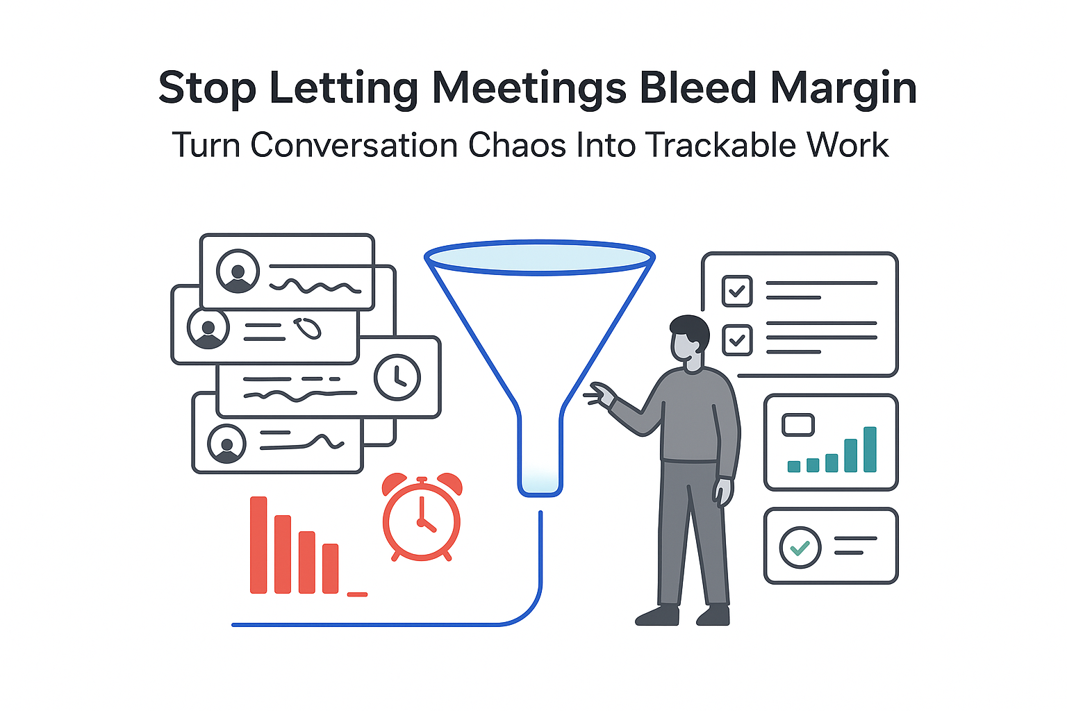 Minimalist illustration of chaotic meeting panels processed through AI funnel into trackable summary dashboard