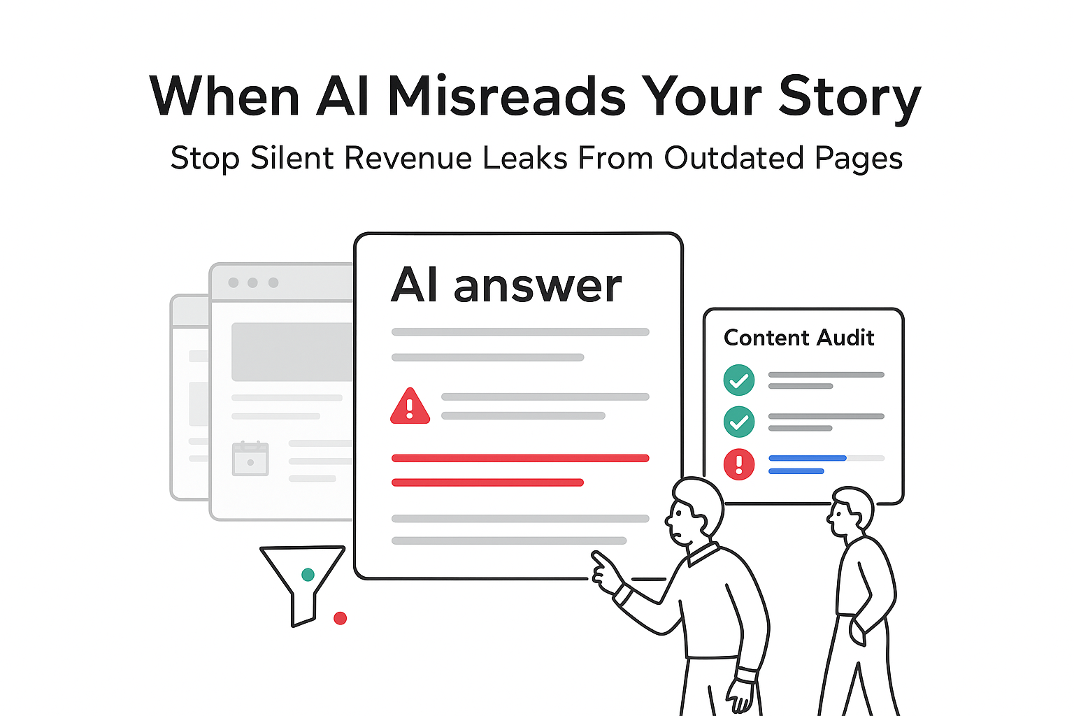 Minimalist tech illustration AI answer panel with content audit flagging outdated pages and revenue leaks