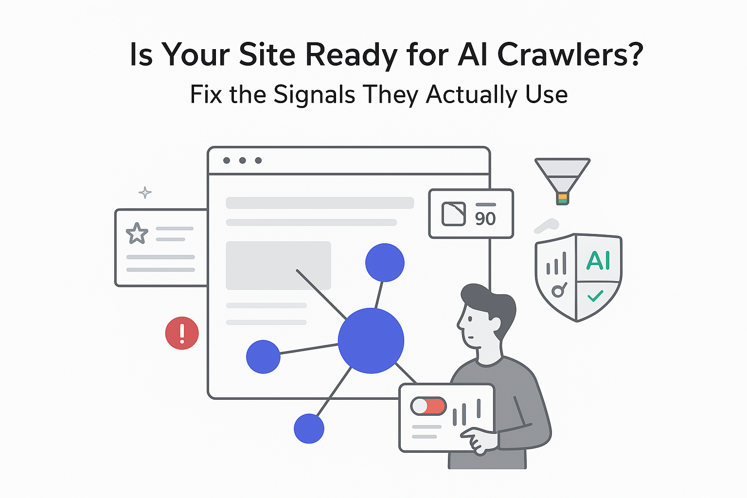 Minimalist illustration of AI crawlers reading a website with signal score report and SEO alert