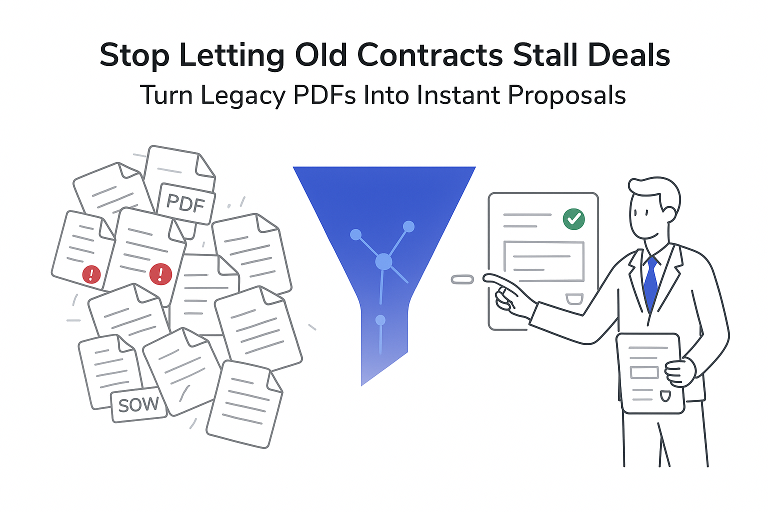 Minimalist tech illustration of legacy PDFs flowing through AI funnel into instant clean proposal panels