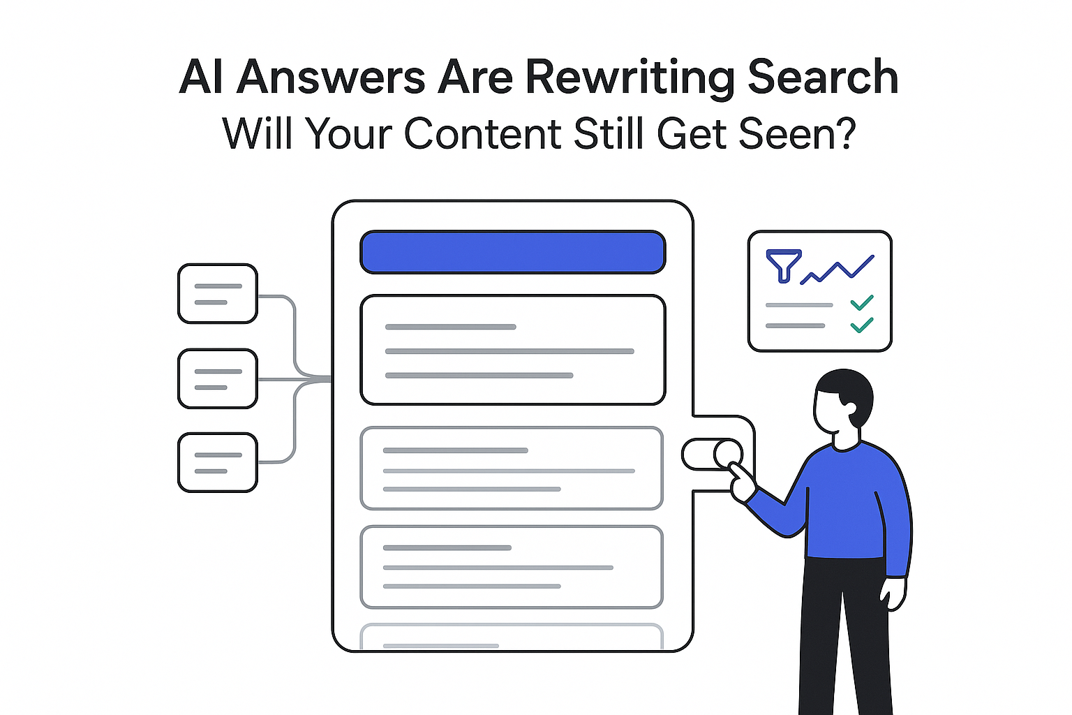 Minimalist illustration of AI answer engine panel human toggling answers analytics and fading search results