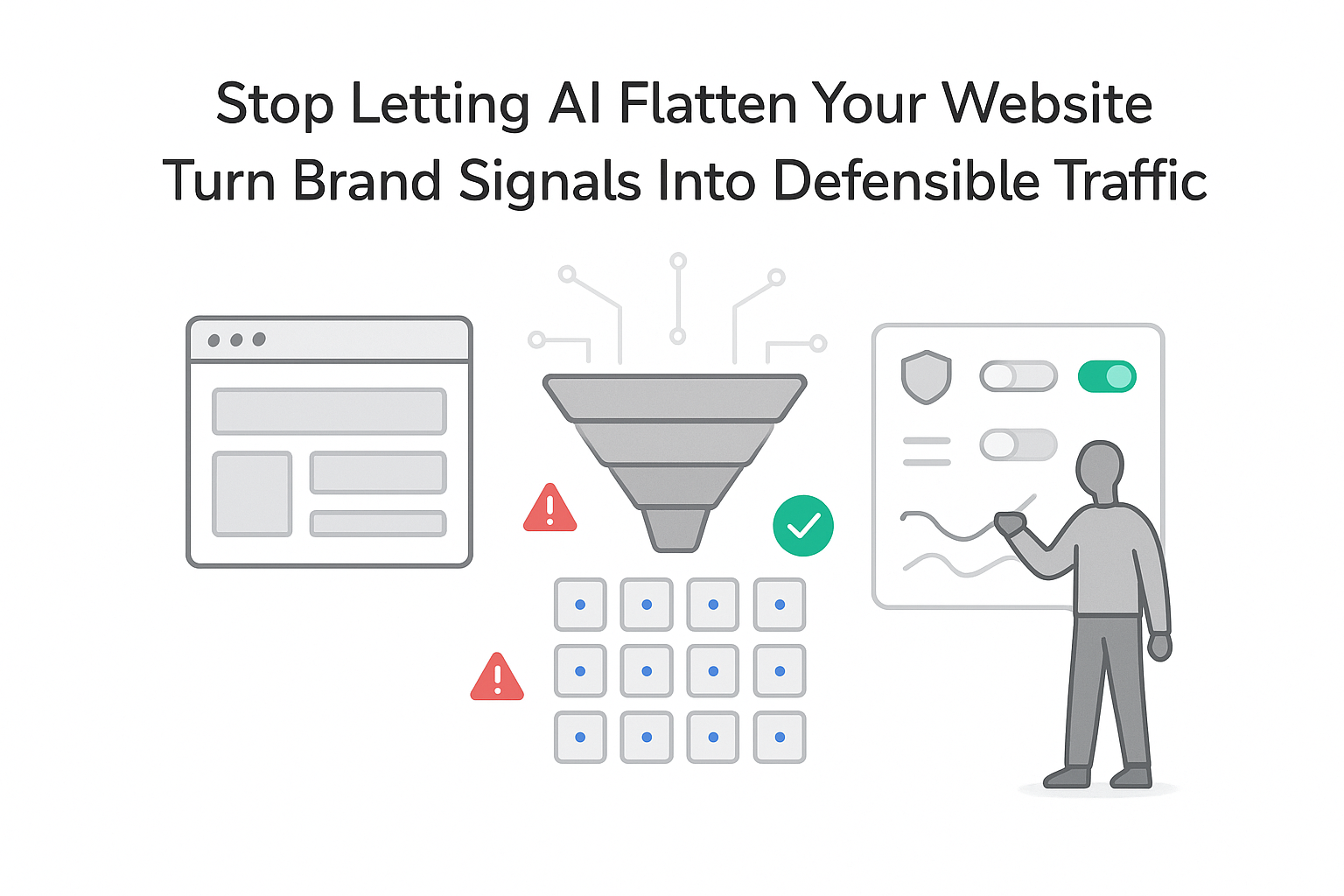 Minimalist website to data funnel AI processing control panel user redirecting flow to brand signals