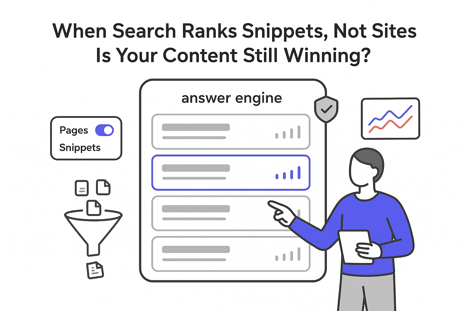 Minimalist tech illustration of answer engine panel highlighting top snippet funnel analytics and search ranks