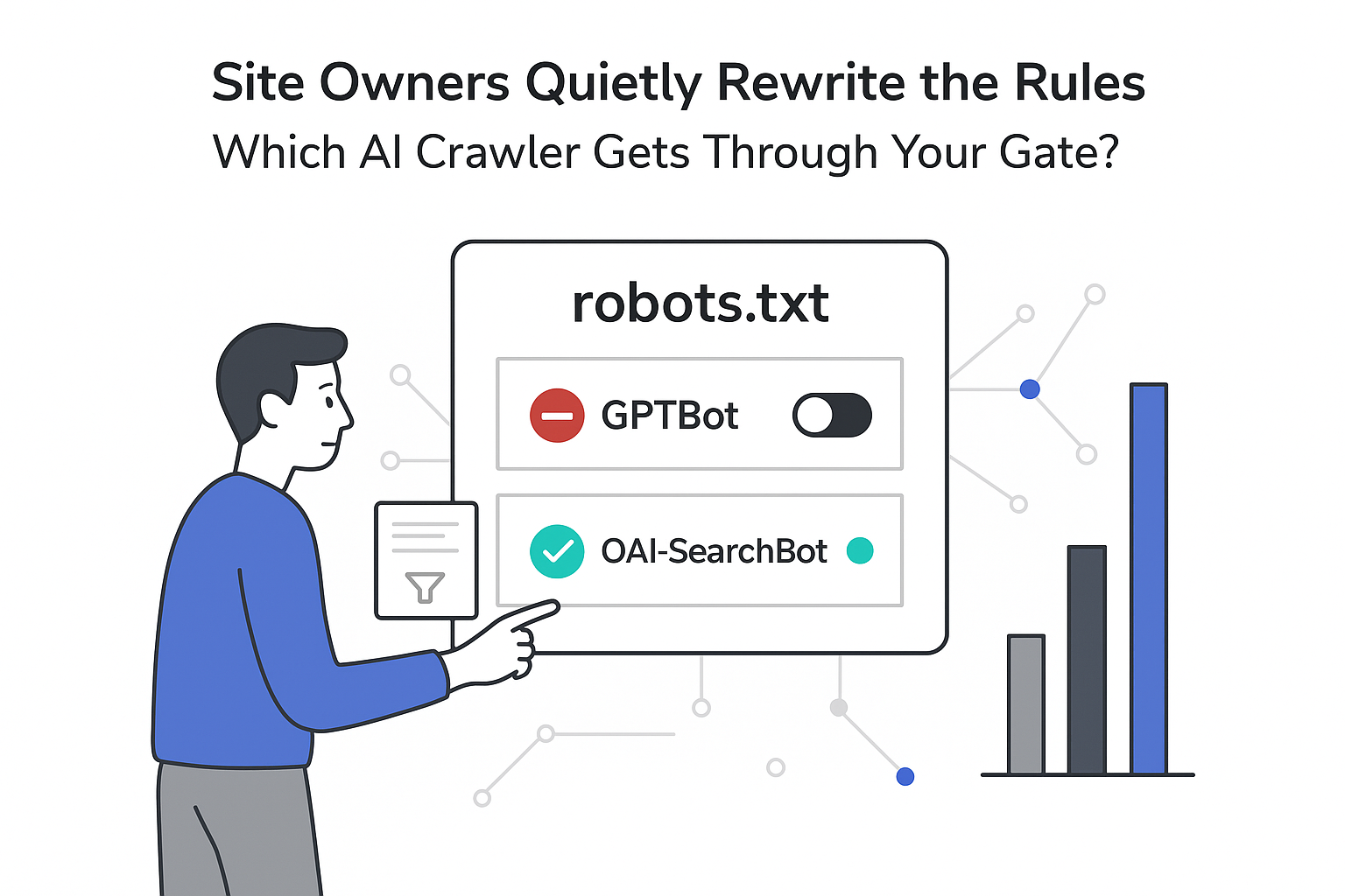 Minimalist robots txt control panel showing GPTBot blocked OAI SearchBot allowed with site owner toggling