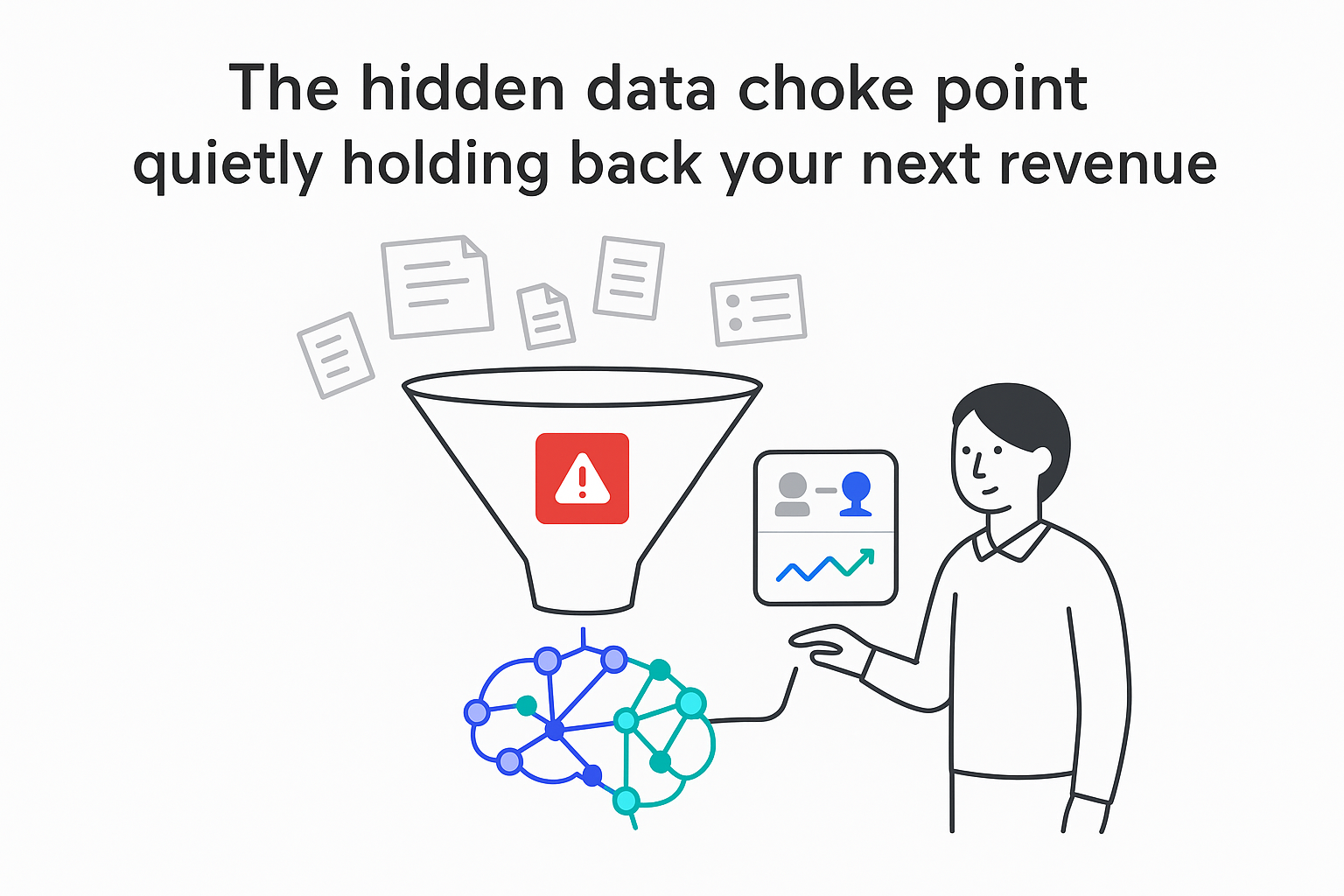CRM sales funnel clogged by red block forming company brain network with user control panel
