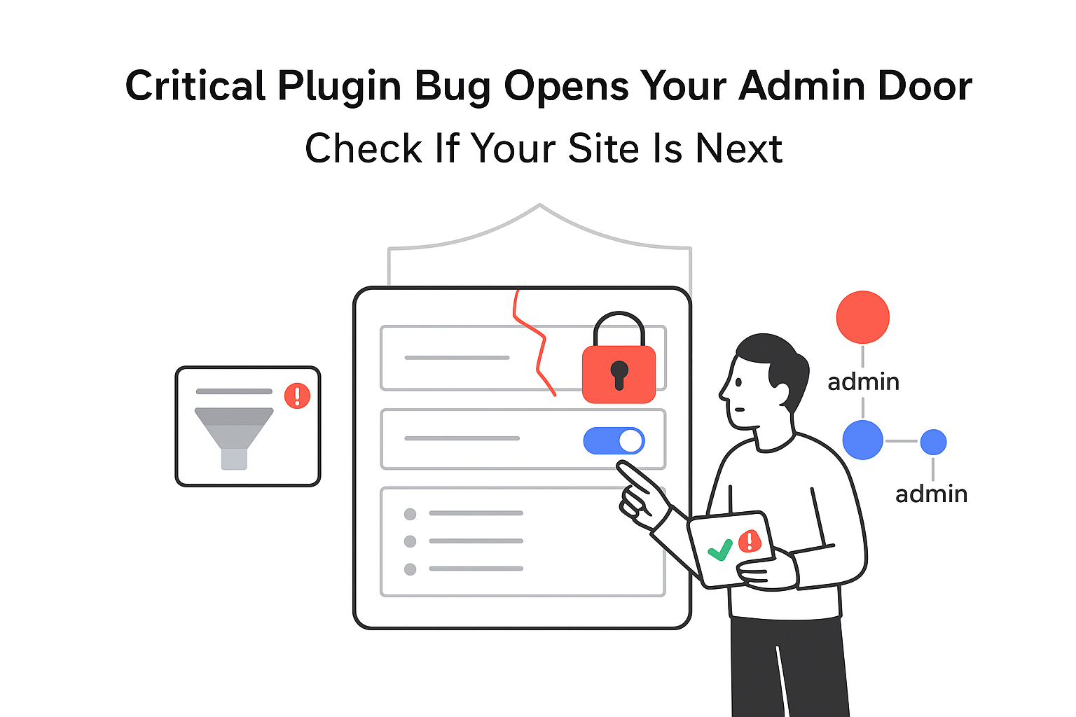 Minimalist admin panel illustration showing critical plugin bug broken padlock cracked shield privilege escalation alert